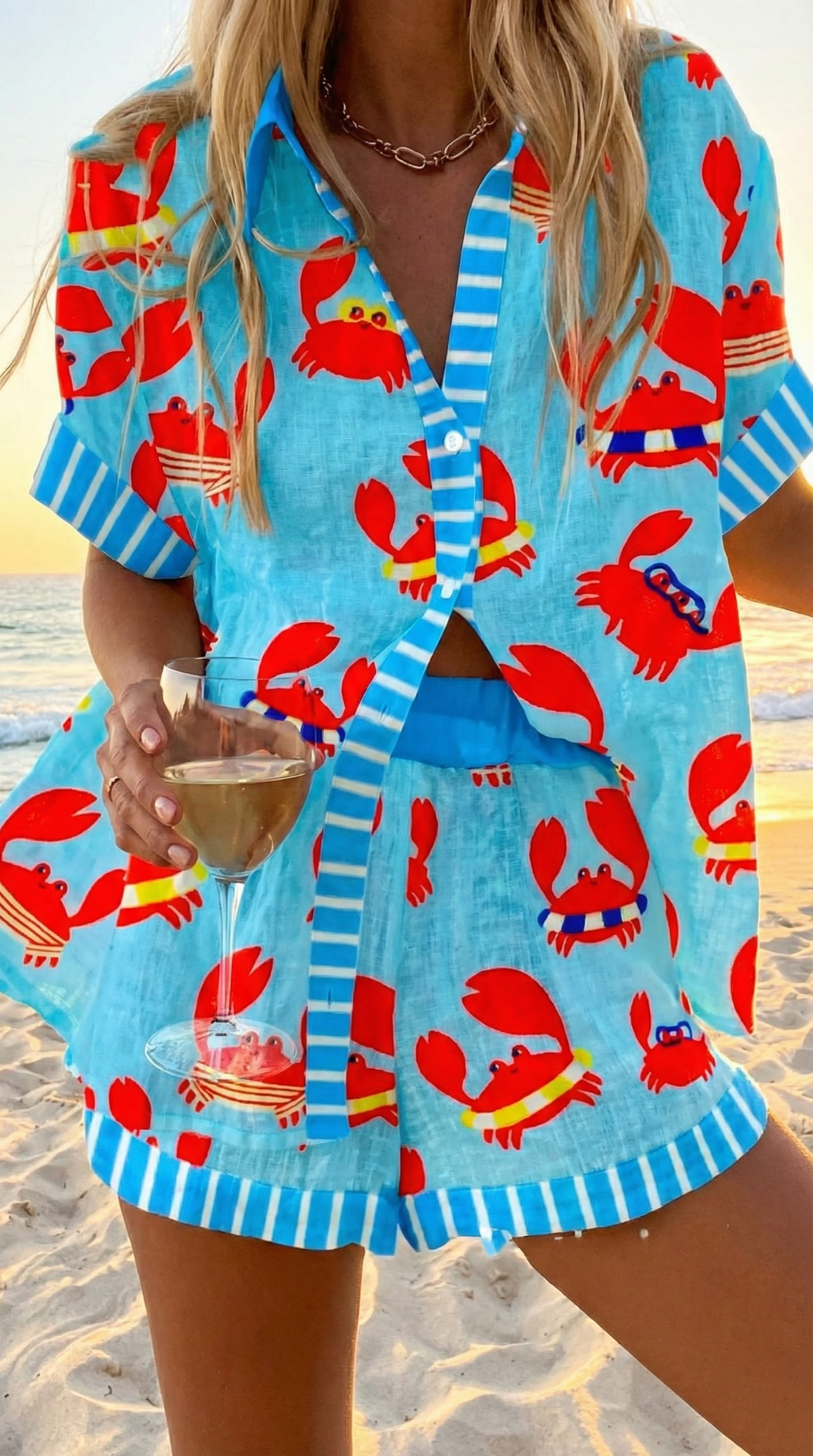 Conjunto Coordinado de Verano Azul Brillante Estampado Costero