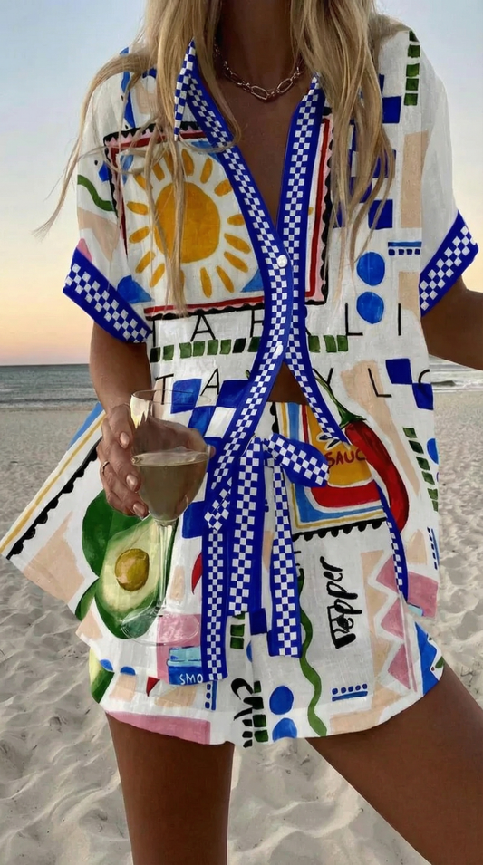 Conjunto Coordinado de Verano Estampado Maximalista Sol y Frutas