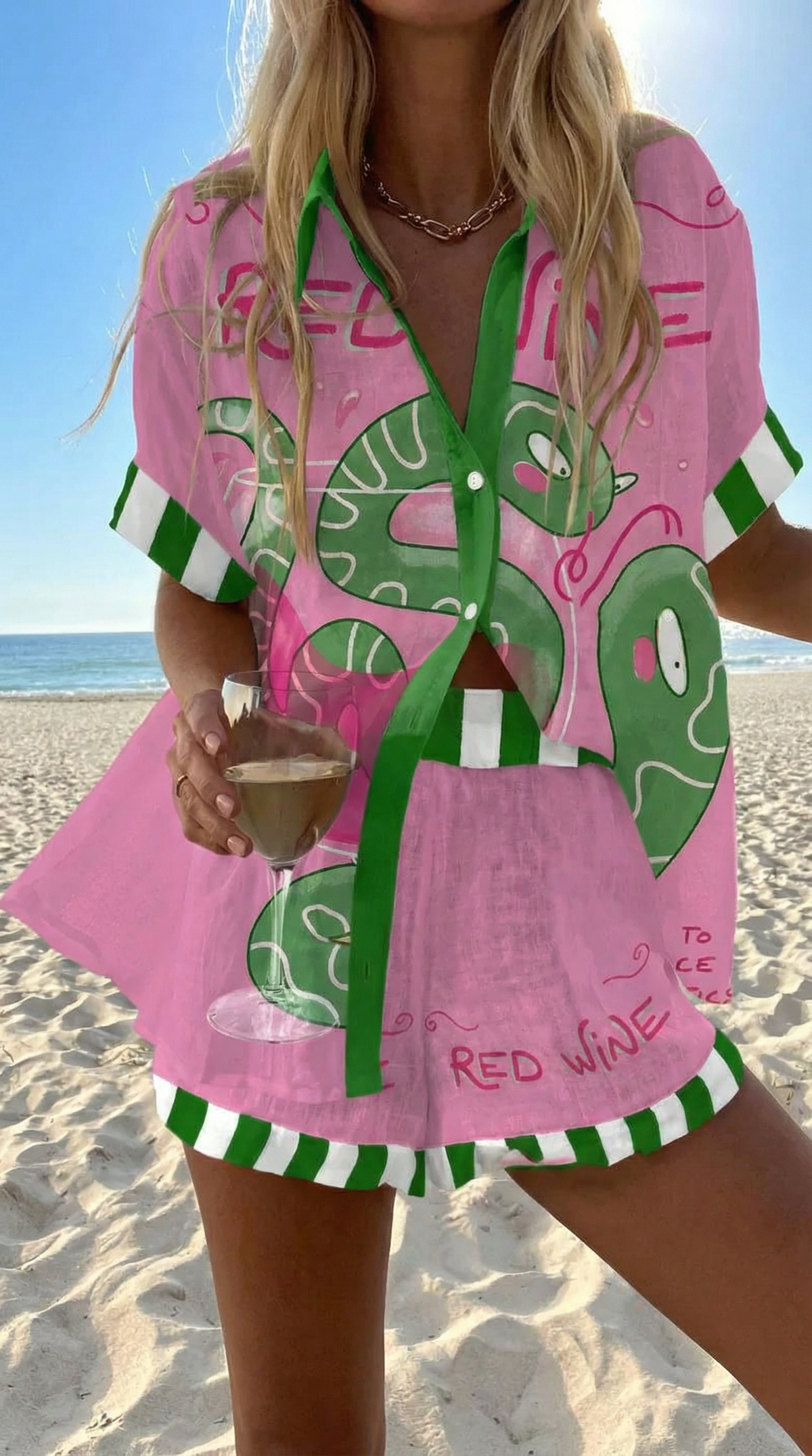 Conjunto Coordinado de Verano Rosa Chicle Estilo Pintado a Mano