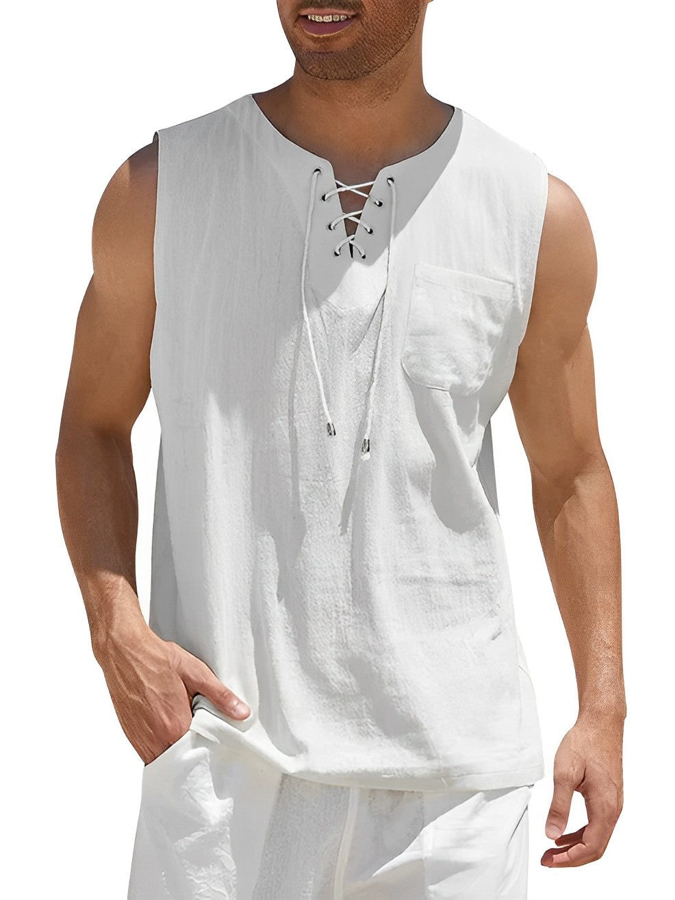 Camiseta Sin Mangas Oversize Escote Cordones Bolsillo