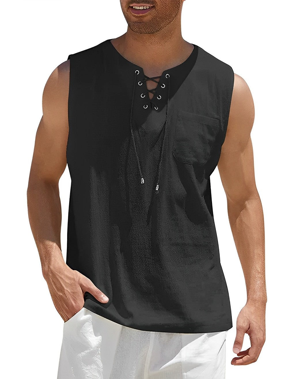 Camiseta Sin Mangas Oversize Escote Cordones Bolsillo