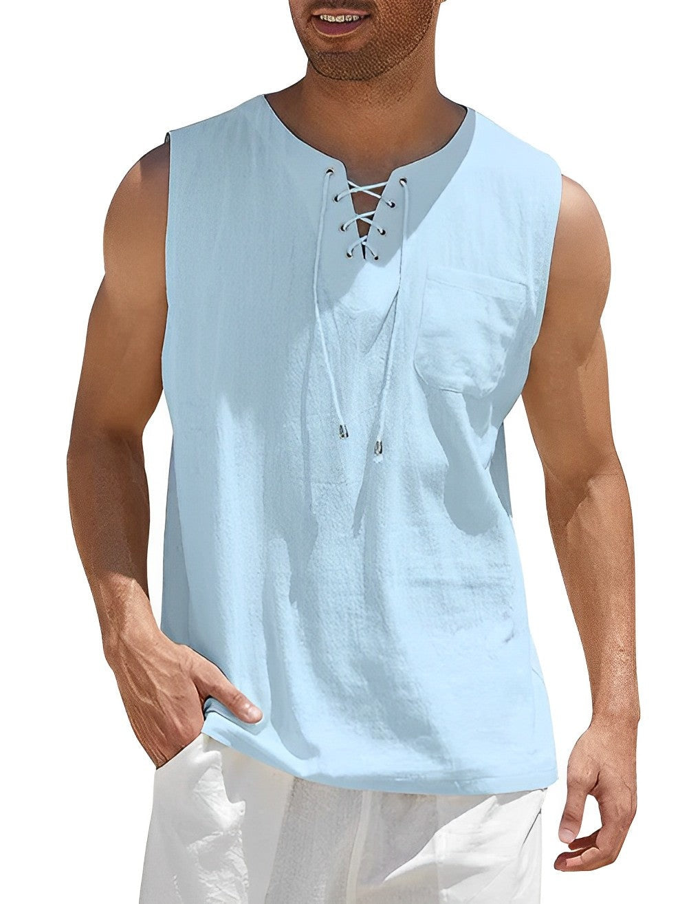 Camiseta Sin Mangas Oversize Escote Cordones Bolsillo