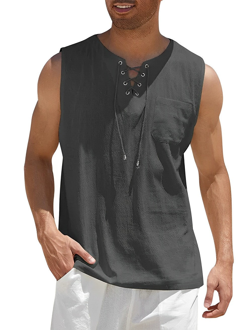 Camiseta Sin Mangas Oversize Escote Cordones Bolsillo