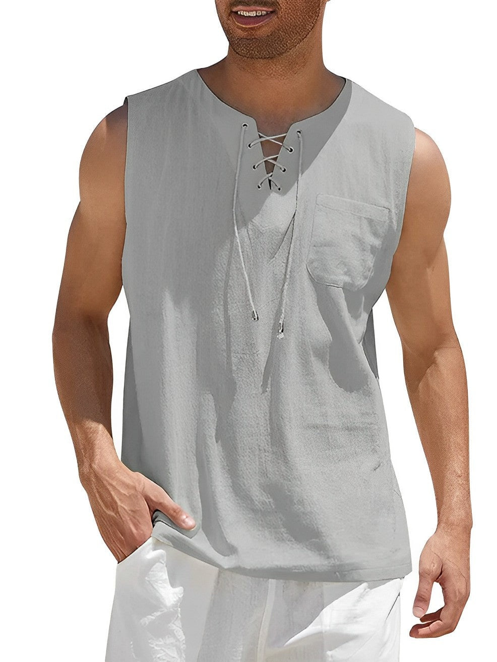 Camiseta Sin Mangas Oversize Escote Cordones Bolsillo