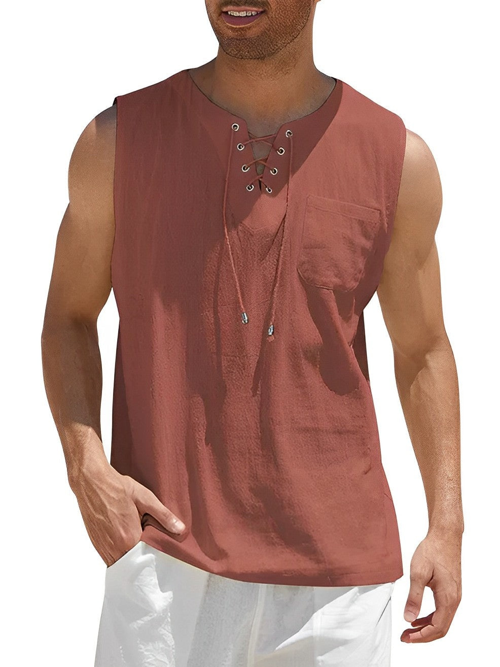 Camiseta Sin Mangas Oversize Escote Cordones Bolsillo