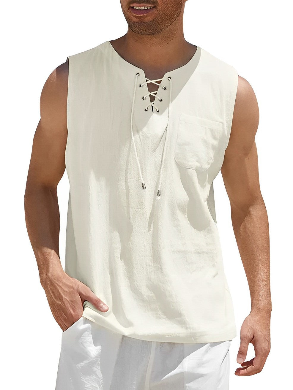 Camiseta Sin Mangas Oversize Escote Cordones Bolsillo