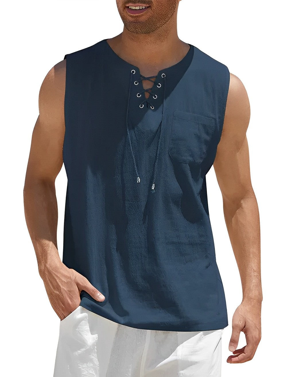 Camiseta Sin Mangas Oversize Escote Cordones Bolsillo