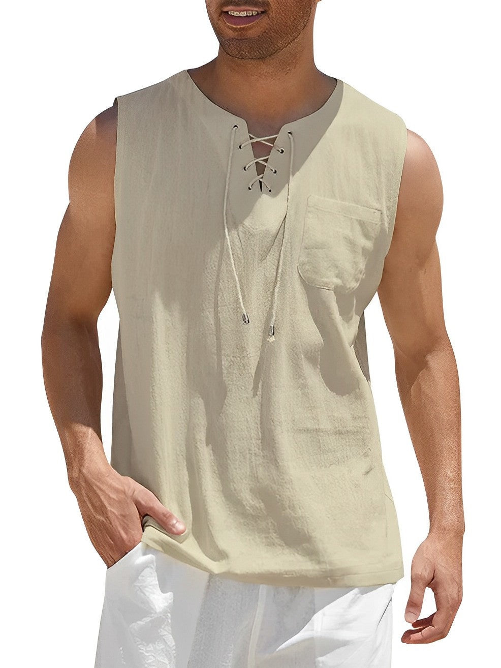 Camiseta Sin Mangas Oversize Escote Cordones Bolsillo