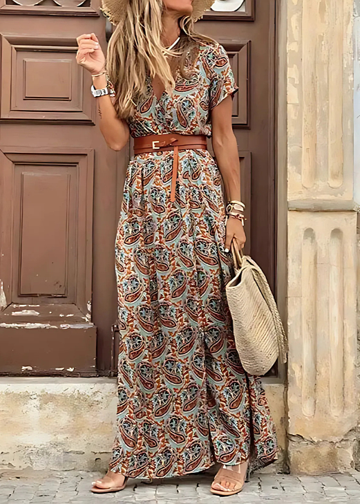 Vestido Bohemio Largo con Cintura Fruncida