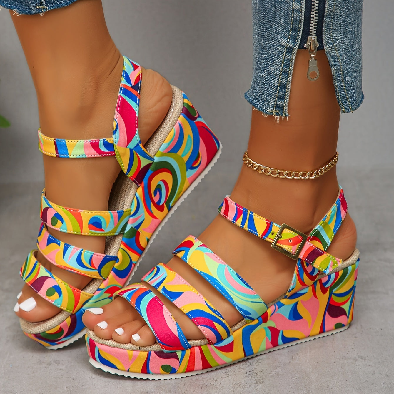 Chanclas Plataforma Estampadas Tiras Tobillo