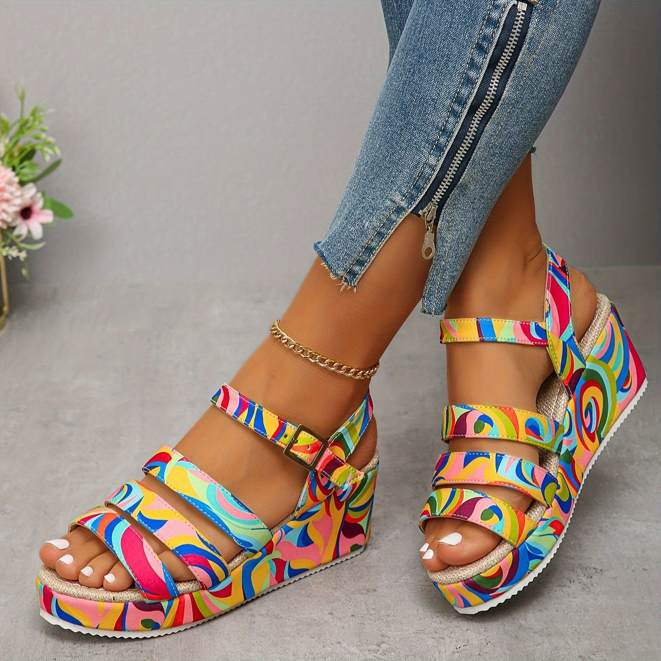 Chanclas Plataforma Estampadas Tiras Tobillo
