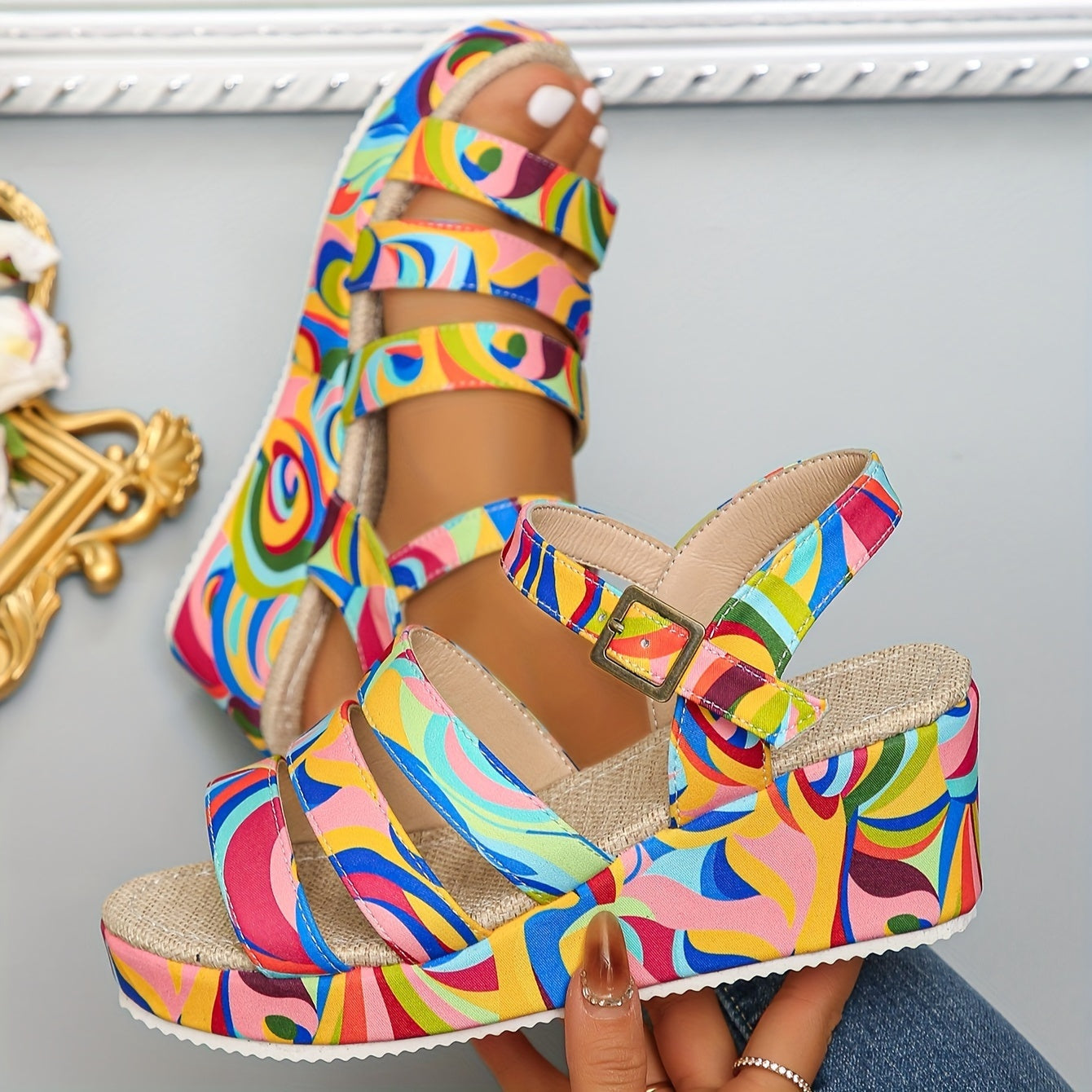 Chanclas Plataforma Estampadas Tiras Tobillo