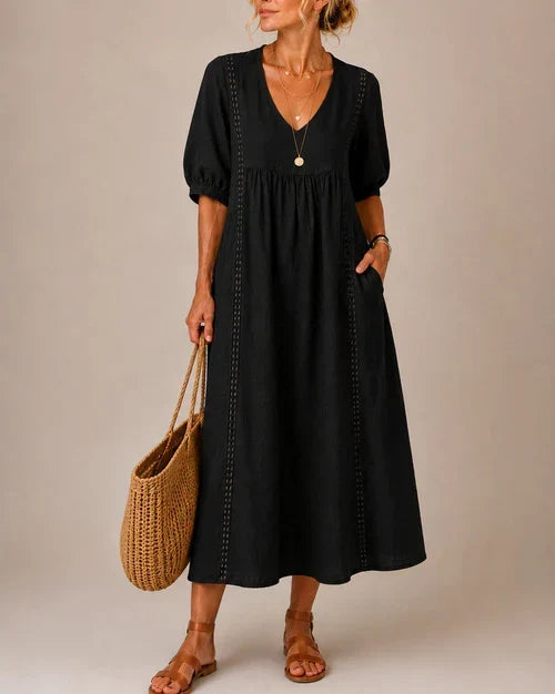 Vestido Midi Veraniego con Escote en V y Detalle de Encaje