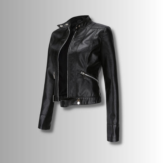 Cazadora Biker de Piel, Cuello Mao