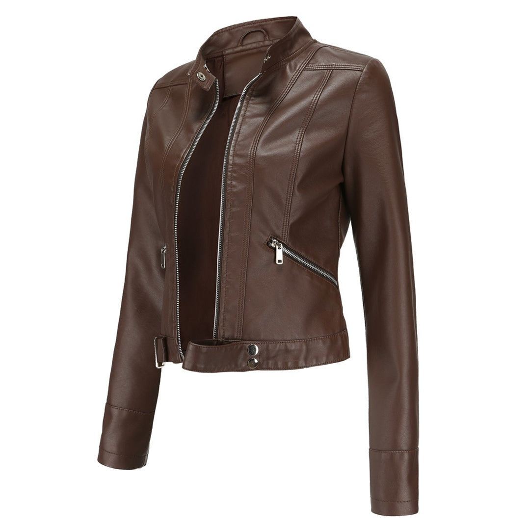 Cazadora Biker de Piel, Cuello Mao