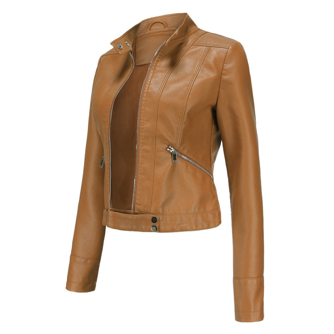 Cazadora Biker de Piel, Cuello Mao