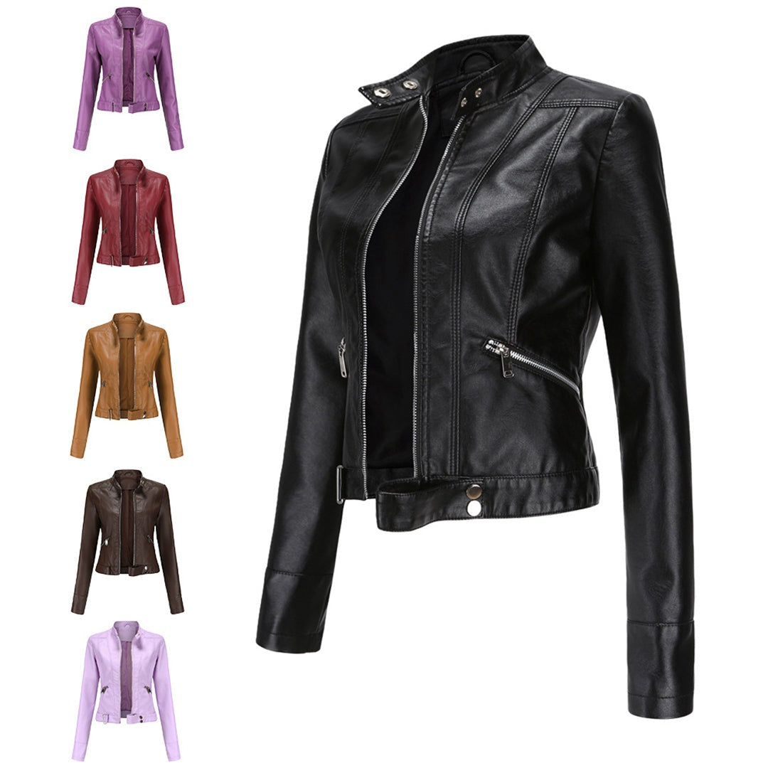 Cazadora Biker de Piel, Cuello Mao