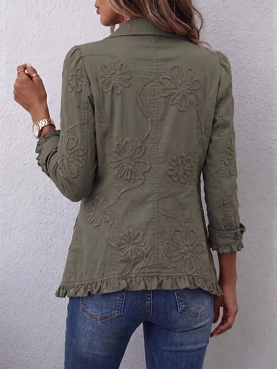 Chaqueta Bordada Verde Retro con Volantes