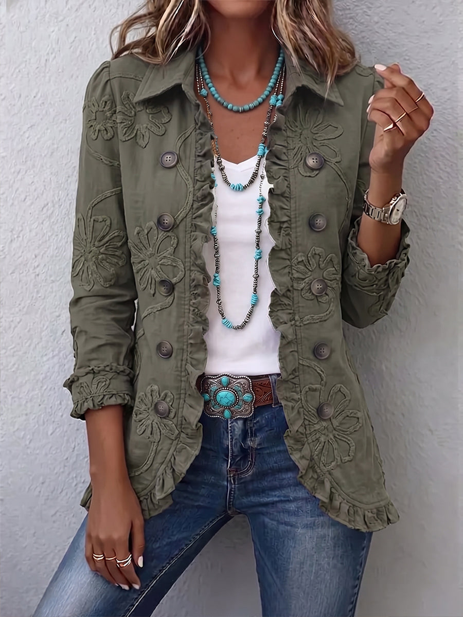 Chaqueta Bordada Verde Retro con Volantes