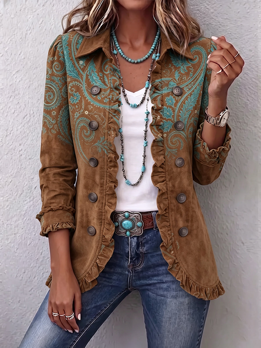Chaqueta de Cachemira Caramelo y Turquesa con Volantes