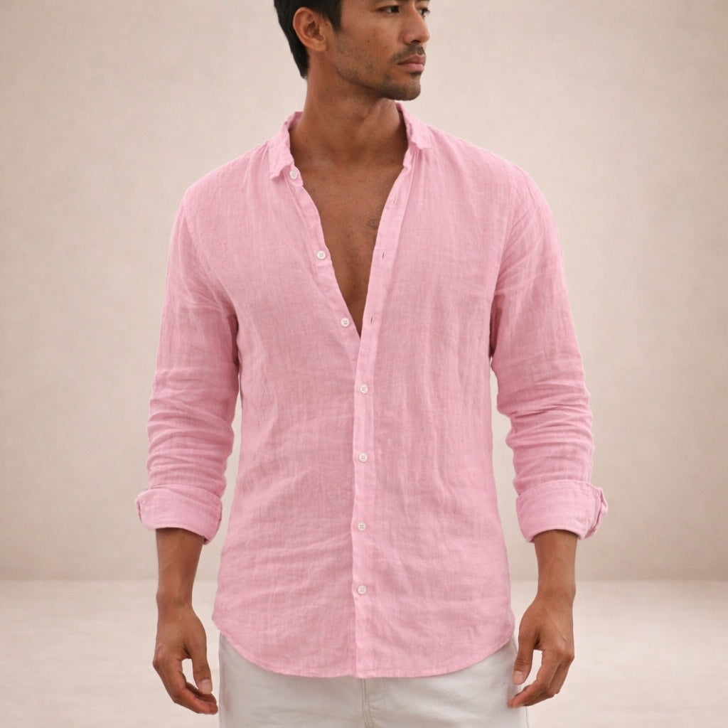 Camisa de Lino Manga Larga Cuello Mao