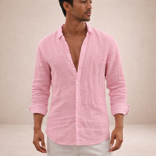 Camisa de Lino Manga Larga Cuello Mao