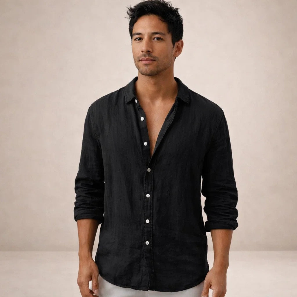 Camisa de Lino Manga Larga Cuello Mao
