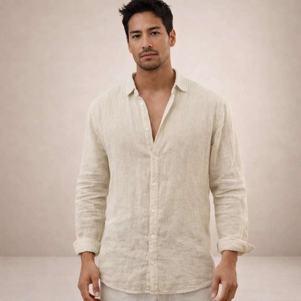 Camisa de Lino Manga Larga Cuello Mao
