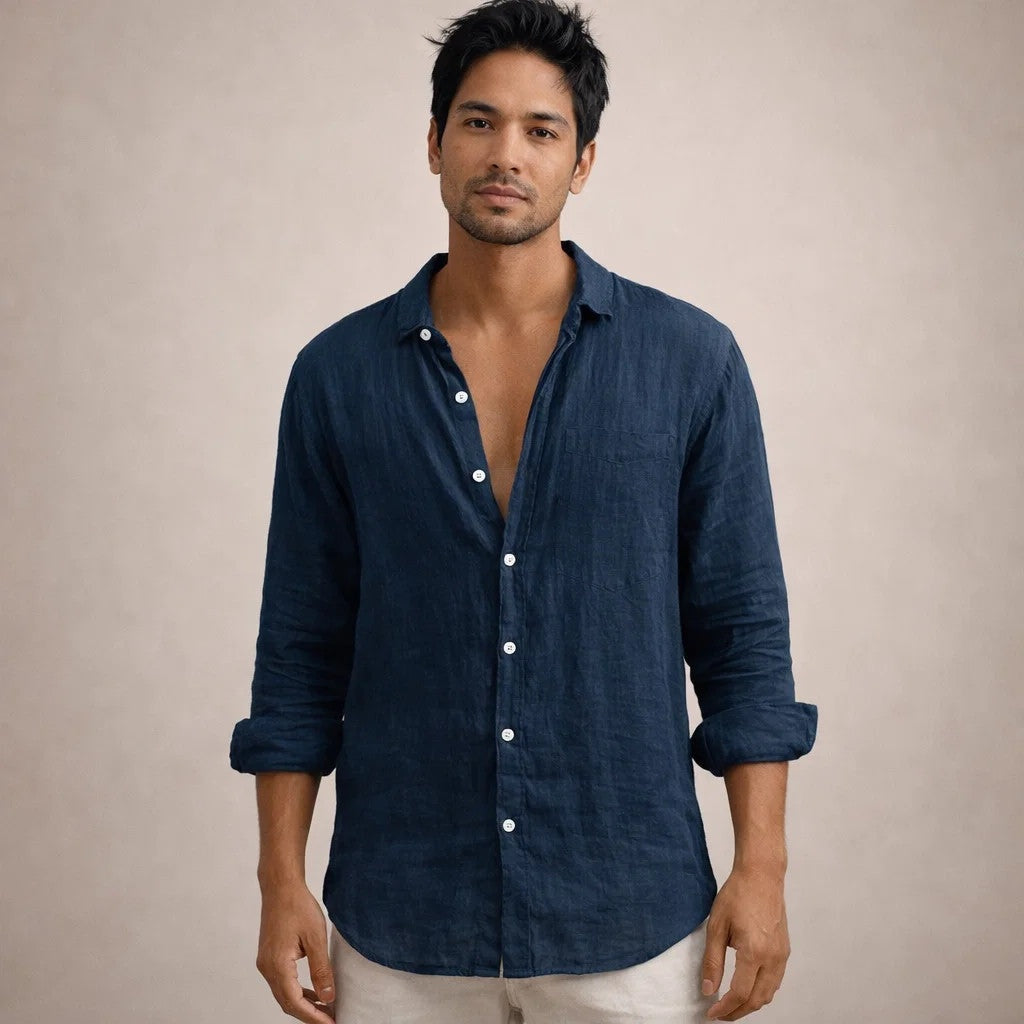Camisa de Lino Manga Larga Cuello Mao