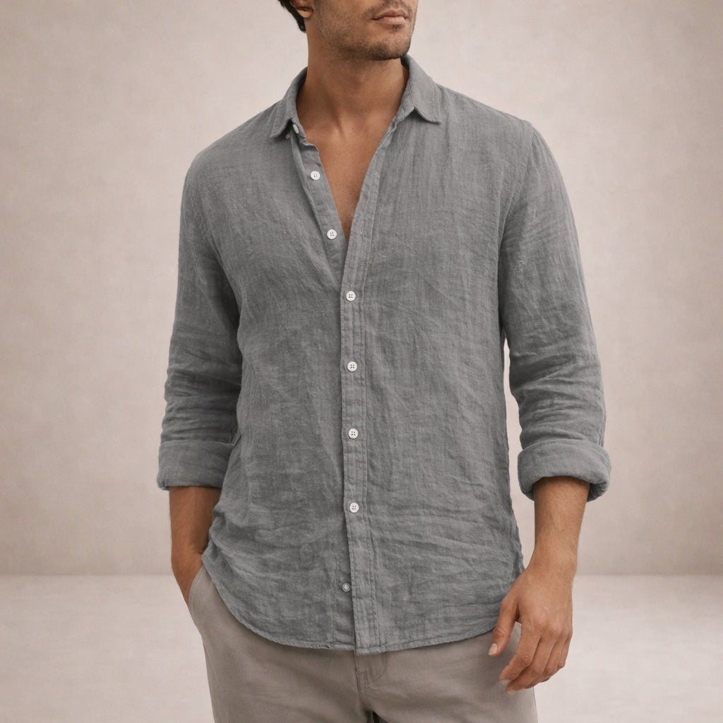 Camisa de Lino Manga Larga Cuello Mao