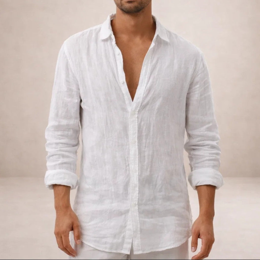 Camisa de Lino Manga Larga Cuello Mao