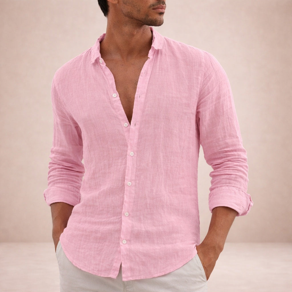 Camisa de Lino Manga Larga Cuello Mao