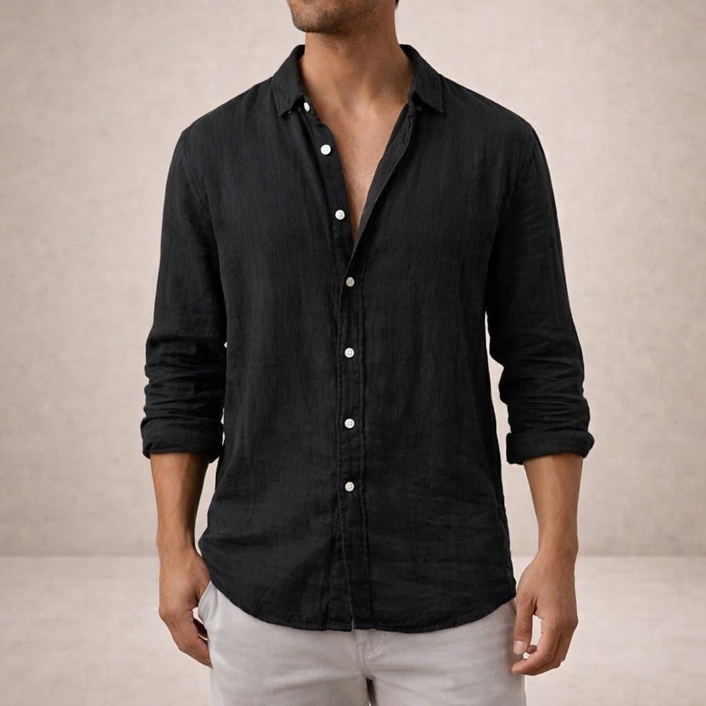 Camisa de Lino Manga Larga Cuello Mao
