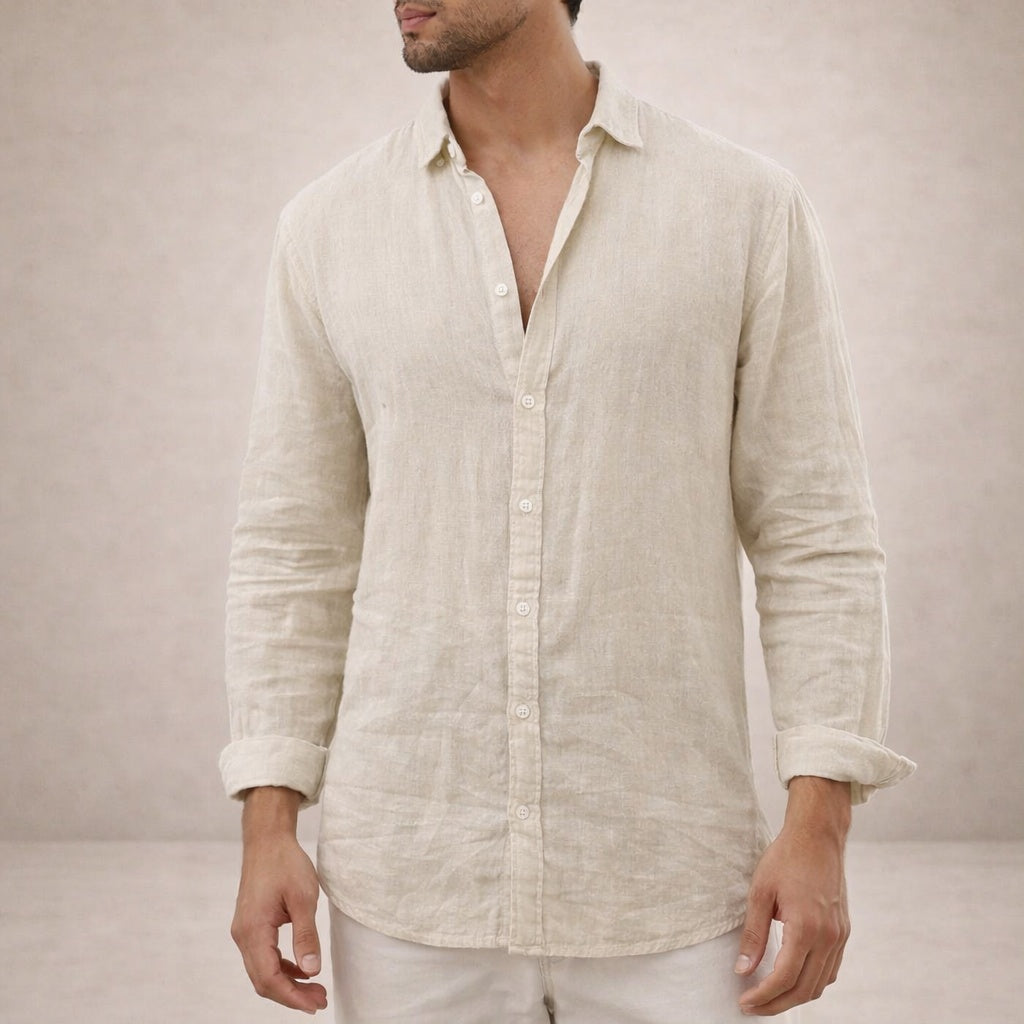Camisa de Lino Manga Larga Cuello Mao