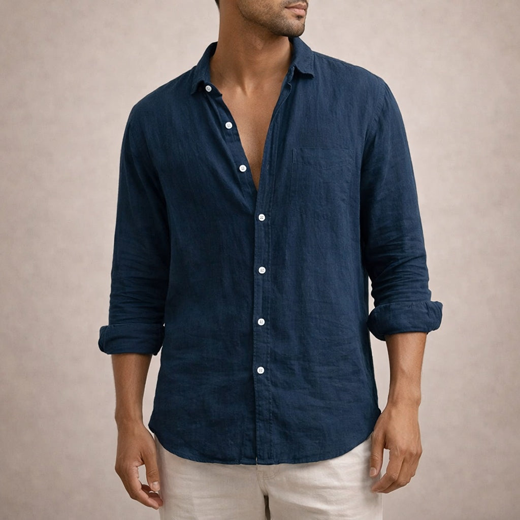 Camisa de Lino Manga Larga Cuello Mao