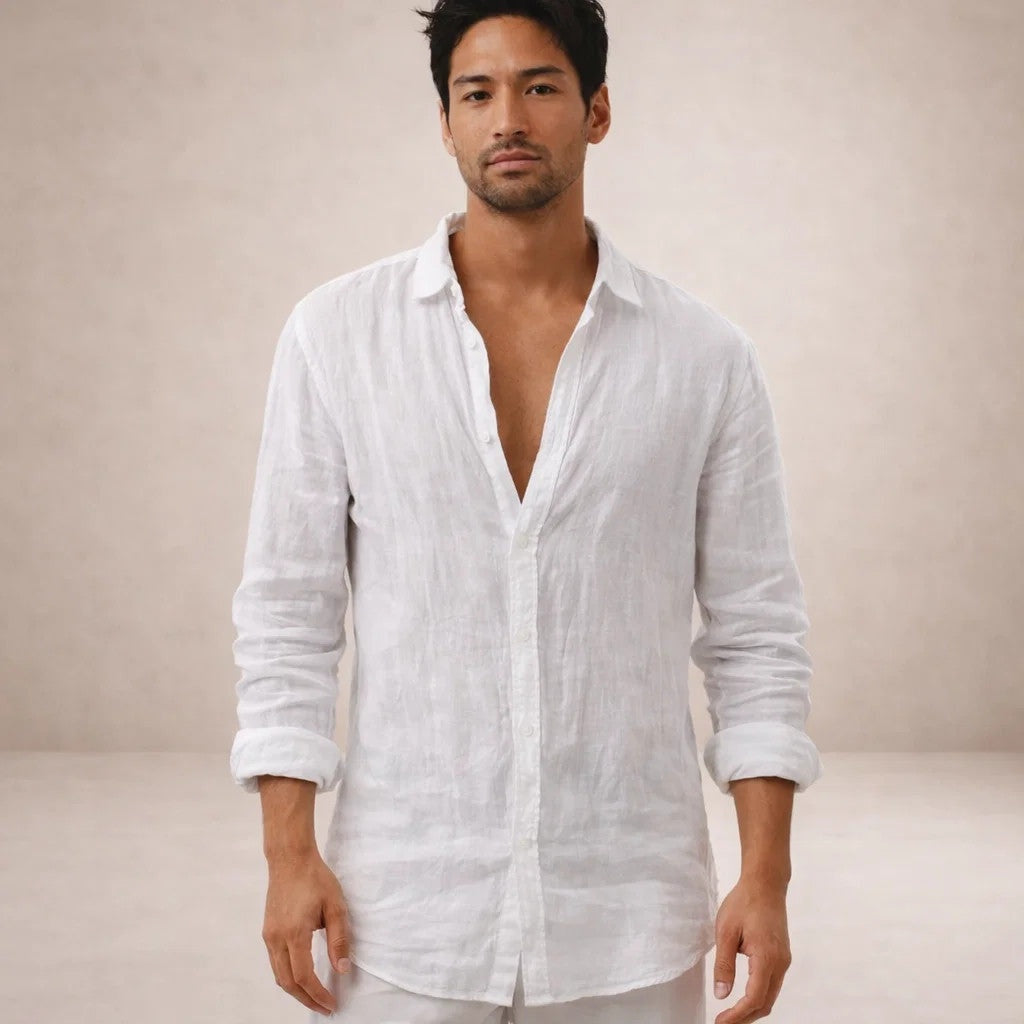 Camisa de Lino Manga Larga Cuello Mao