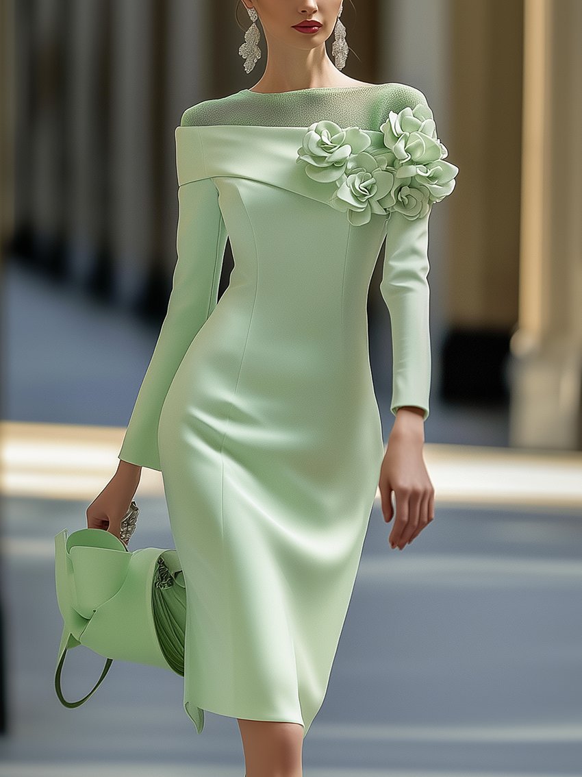 Vestido con Hombros Descubiertos y Flores 3D