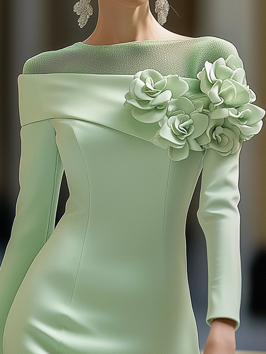 Vestido con Hombros Descubiertos y Flores 3D