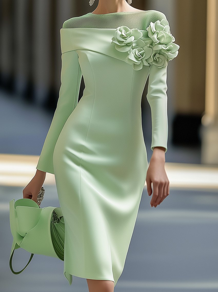 Vestido con Hombros Descubiertos y Flores 3D
