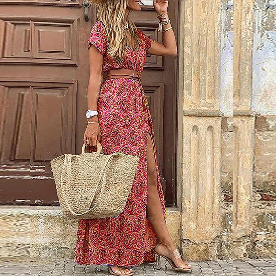 Vestido Bohemio Largo con Cintura Fruncida