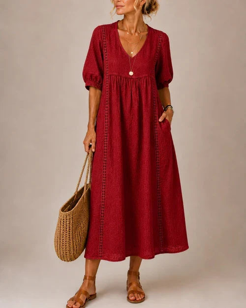 Vestido Midi Veraniego con Escote en V y Detalle de Encaje