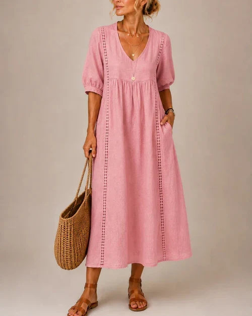 Vestido Midi Veraniego con Escote en V y Detalle de Encaje