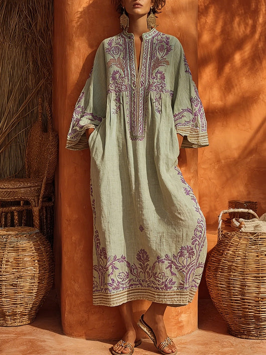 Vestido Largo Bordado Boho Escote V Manga Larga