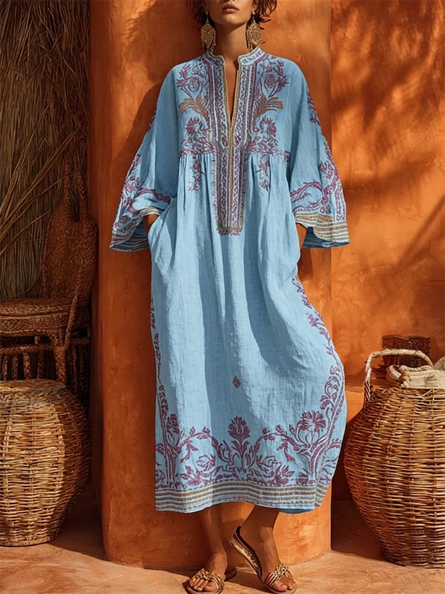 Vestido Largo Bordado Boho Escote V Manga Larga
