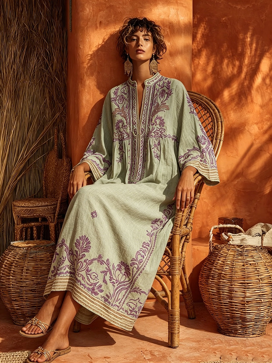 Vestido Largo Bordado Boho Escote V Manga Larga
