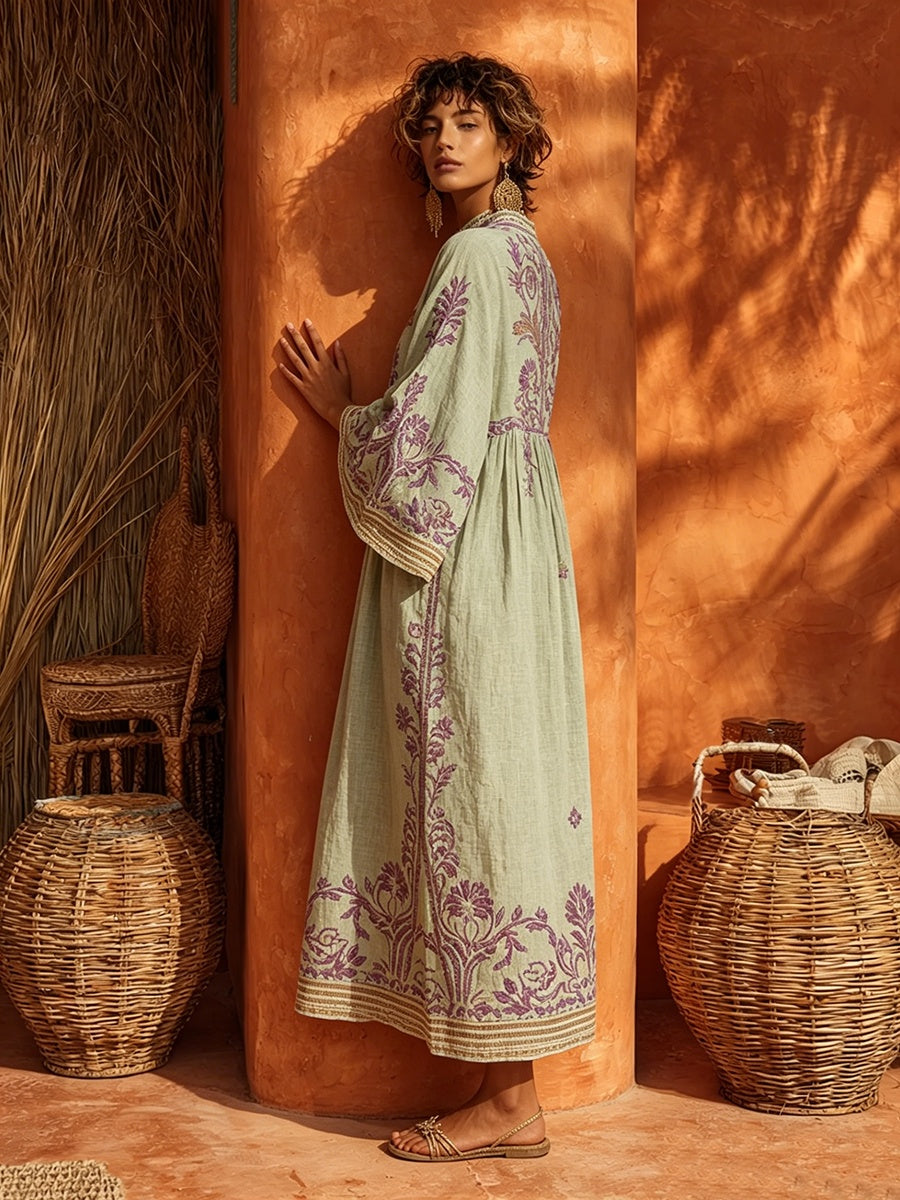Vestido Largo Bordado Boho Escote V Manga Larga