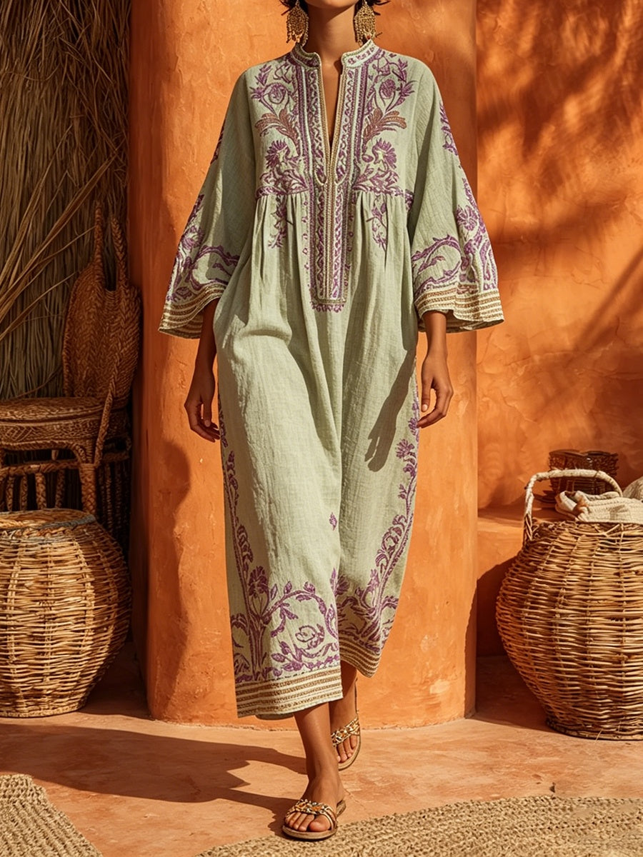 Vestido Largo Bordado Boho Escote V Manga Larga