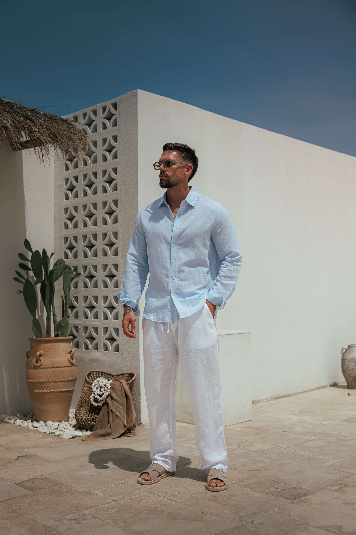 Camisa de Lino Manga Larga Cuello Clásico