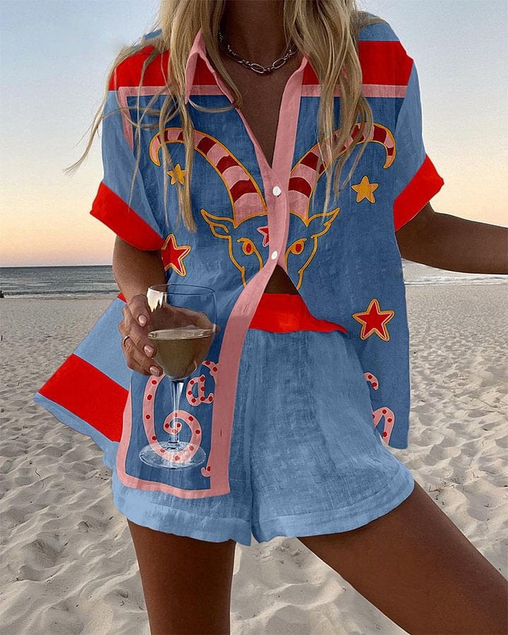 Conjunto Coordinado de Verano Azul Cielo Estampado Zodiacal