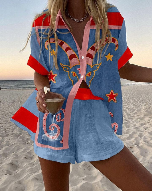 Conjunto Coordinado de Verano Azul Cielo Estampado Zodiacal